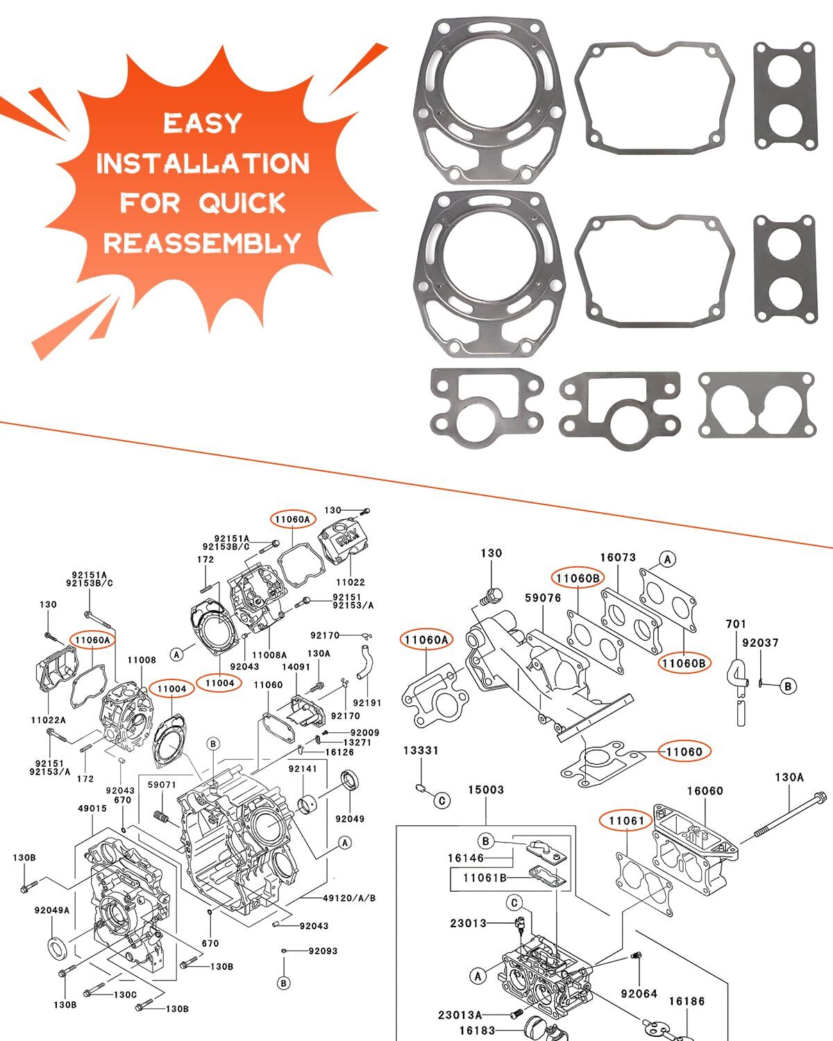 Gasket Kit 11004-2142, 11060-2470 For Kawasaki FD711D FD750D 745CC