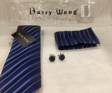 Mens Ties Silk Classic Blue Stripe Bussiness Formal Necktie 4 Pc. Set NEW