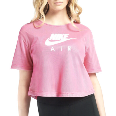 NWT Nike Air Women's Mesh Overlay Crop Top Loose Fit T-Shirt Fireberry Pink 