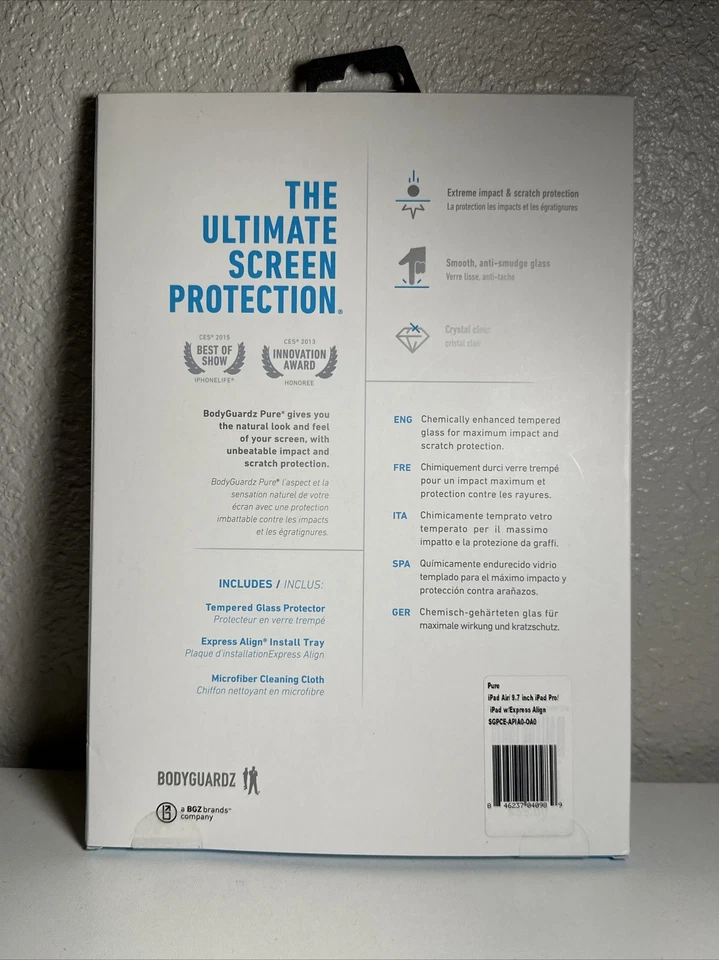 BodyGuardz Pure Tempered Glass for Apple iPad Air / Air 2 / iPad 9.7 inch Pro - Image 2 of 2