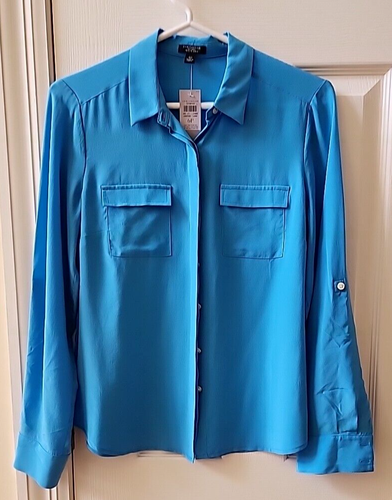 Ann Taylor Women's Silk Button Up Long Sleeve Roll Tab Pocket Blouse 6 Pet NWT