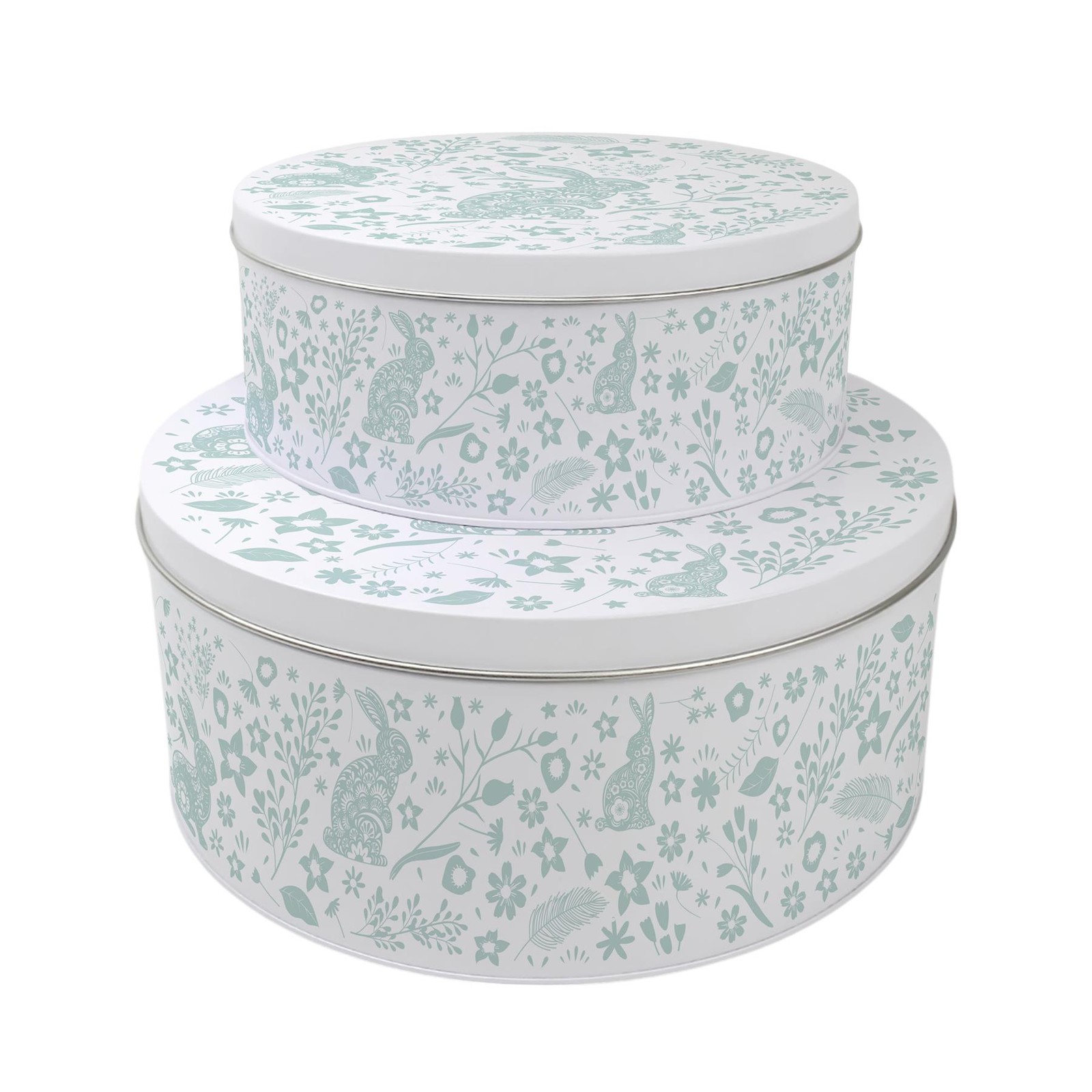 Set of 2 Green Wild Rabbits Cake Tins - Round Metal Storage Gifts for Baking
