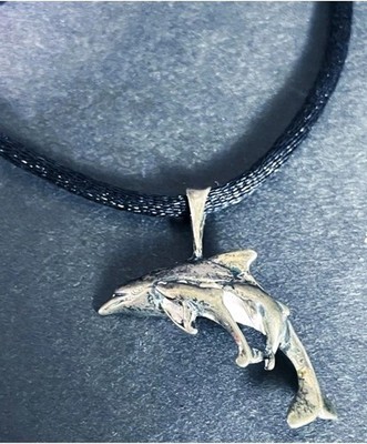 Sterling Silver Mother Dolphin With Baby Calves Pendant Necklace 17in