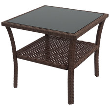 Outsunny PE Rattan Coffee Table, Two-tier Side Table with Glass Top, Brown