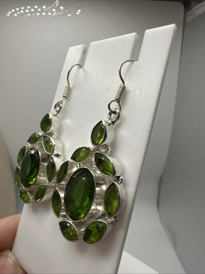 Sterling Silver Green Peridot Simulant Dangle Earrings - Image 2 of 4