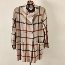H By Halston Sweater Jacket Womens Size Medium Tan Plaid Button Front