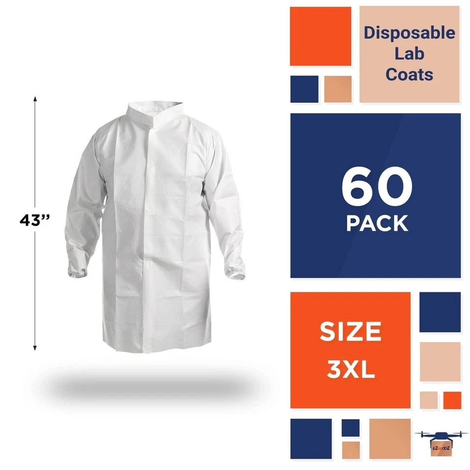 Disposable Lab Coats 43" Long 60ct White 3XL PPE Gowns w/ Stand-Collar Elastic - Image 2 of 4