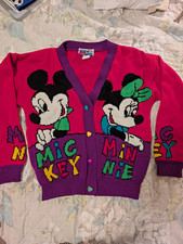 Vintage Disney Mickey  Minnie Kids L Pink/Purple Acrylic Knit V-Neck Cardigan