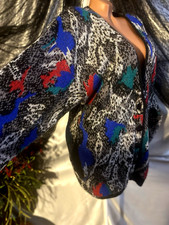 VTG SWEATER CARDIGAN COLORFUL GEO ARTSY ALBEE 70'S 80'S NYLON SILKY ABSTRACT ART