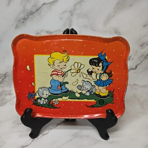 Vintage 1950s Ohio Art Girl Boy Garden Kittens Tin Toy Tray