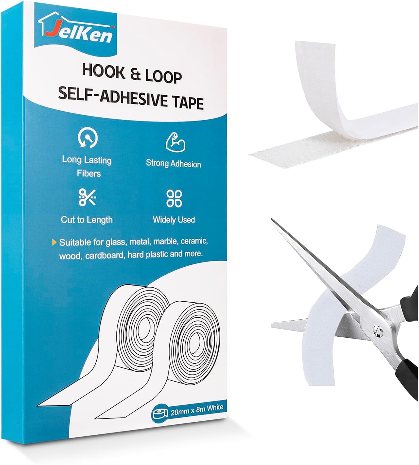 Heavy Duty Hook and Loop Tape, 20mm x 8m, Self Adhesive Double Sided Sticky
