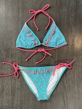Victoria  s Secret Swimsuit Bikini Set Teal Neon Coral Embroidered Eyelet Medium