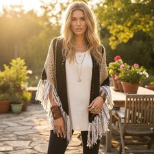NEW Black Beige Knit Shawl Wrap Boho Indie Artsy Festival Cottage Hippie Chic