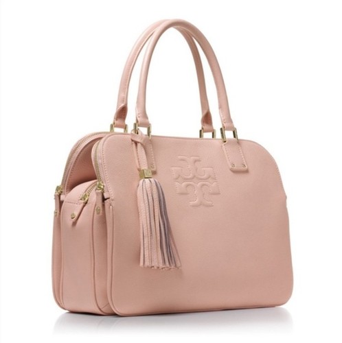Tory Burch Thea Satchel Bag Leather Pink Tassel Compartments Logo Large Purse