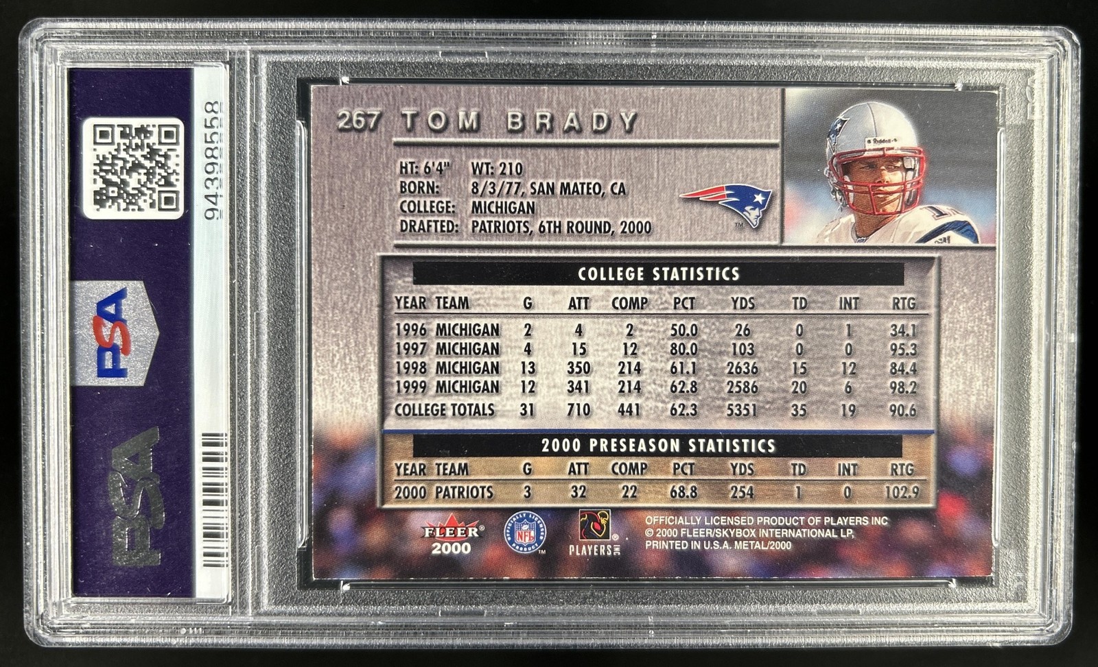2000 Fleer Metal Tom Brady TB12 Collection Auto Rookie RC #267 PSA Authentic 10 view 2