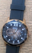 Guess Rose Gold Tone Men's Watch 100 Meters Water Resistant Black Silicone Band 