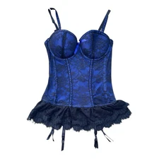 Seven 'Til Midnight Molded & Underwire Cup Blue Black Lace Satin Bustier Medium 