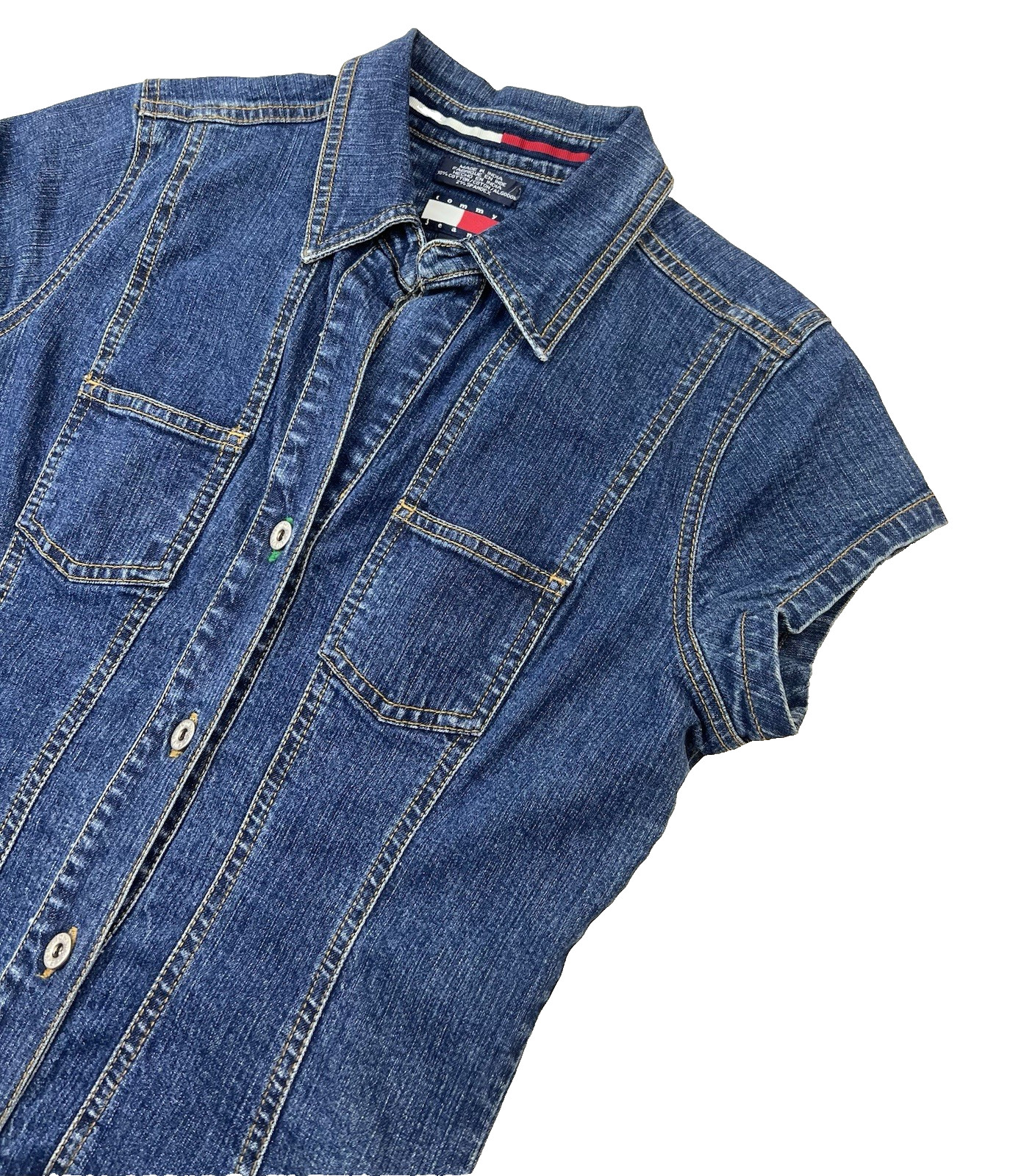 Vtg 90s Y2K Tommy Hilfiger S/S Denim Dress Womens Sz M Drop Waist Button Front thumbnail 3