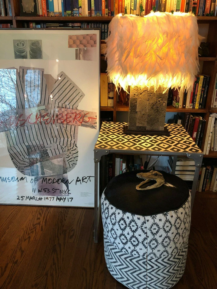 Black & White Patterned Round Pouf UMA with Cowhide Top - Image 2 of 2
