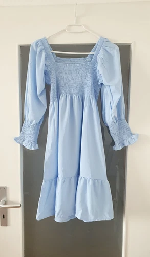 HELLBLAUES DAMEN KLEID TUNIKA SOMMERKLEID BABYDOLL KNIELANG CHIFFON NEU GRÖßE S - Bild 1 von 8