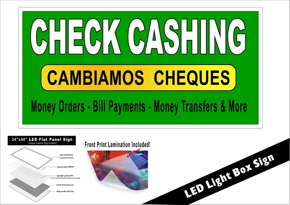Cobro de cheques cambiamos cheques giros postales pago de facturas caja de luz LED letrero de ventana Foto 2 de 4