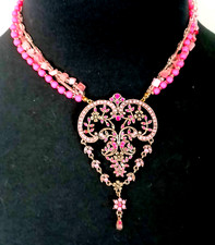Victorian Inspired Fashion Necklace Pink Multistrand with Silver Tone Metal