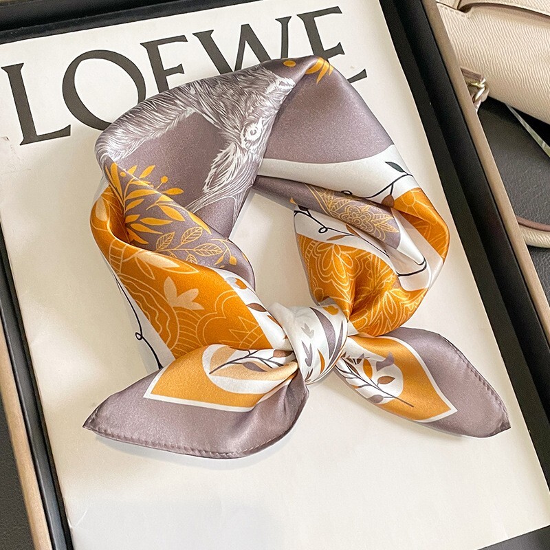 Women Small Scarf 100% Silk 20'' Kerchief Bandana Neck Hairband Gray Deer Yellow