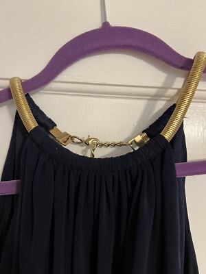 Jessica Simpson Navy Blue Blouson Gold Necklace Halter Mini Dress Size 12 |  eBay
