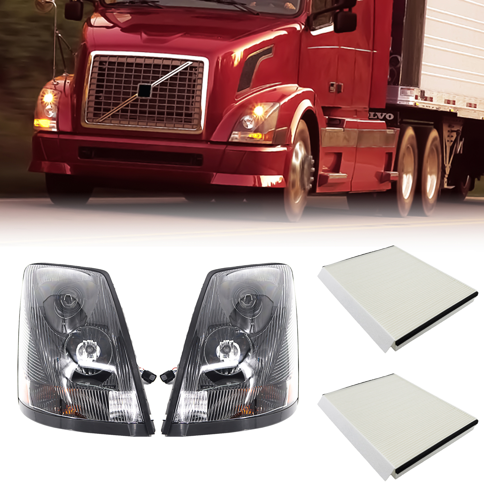 Volvo 04-18 VN/VNL Truck Headlight Headlights w/ Bulbs & Cabin Air Filter Pair