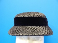 Vintage Walter King Pillbox Hat Woven Navy Blue with Ribbon and Embellishments.