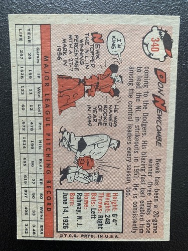 1958 TOPPS Don Newcombe #340 Los Angeles Dodgers Baseball Card - Picture 3 of 3