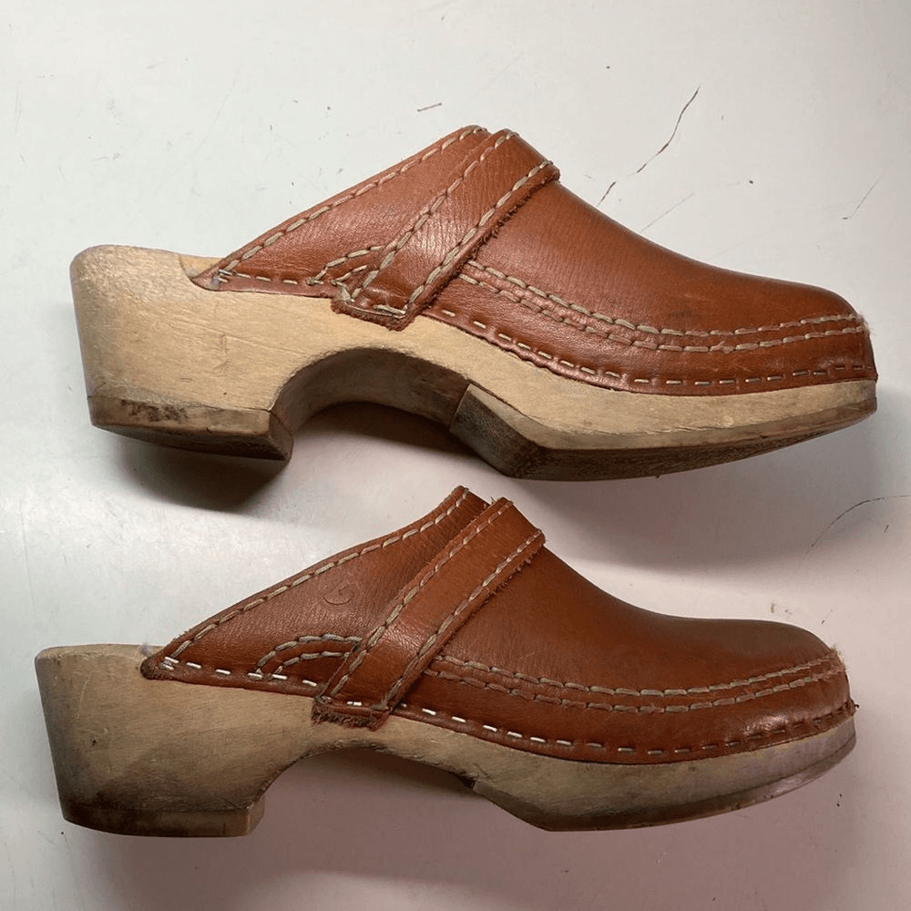 Gevavi Wood & Light Brown Leather Clogs Vintage S… - image 3