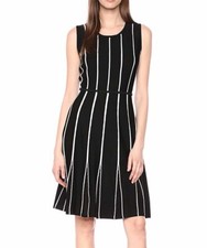 Calvin Klein Size S Black White Striped Fit Flare Sweater Dress Sleeveless NWOT