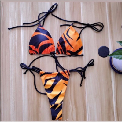 Miiaswim Tiger Print String Bikini - Orange, Black - Size Large