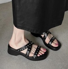 Scarpe donna estive stile Roma rivetto tacco alto punta aperta ciabatte casual moda