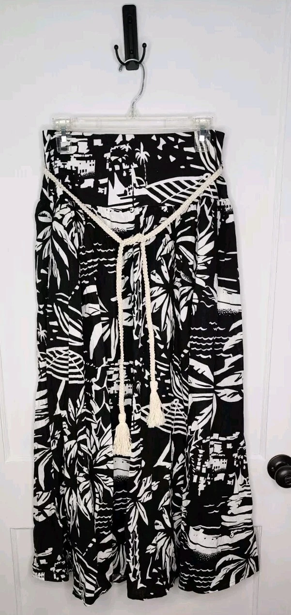 NWT Panama Jack Linen Blend Tropical Maxi Skirt Black White Rope Tie Pockets S