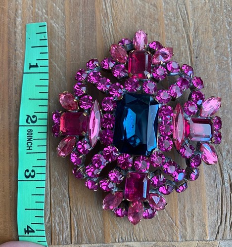 Large Vintage Bijoux MG Gorgeous Czech Uranium Rhinestone Pink Brooch Pin - Picture 5 of 6
