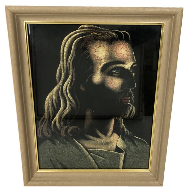 70s VTG Jesus Christ Velvet 16" X 13" Fabric Painting Kitsch Religious