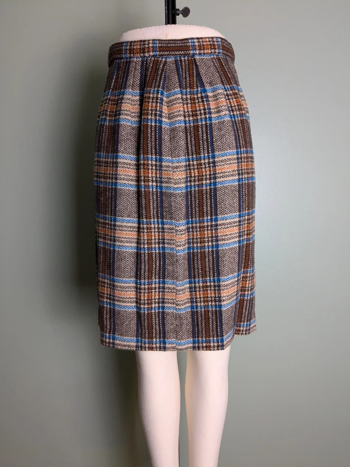 Falda lápiz de lana de cintura alta a cuadros True Vintage años 60 azul naranja marrón  Foto 2 de 4