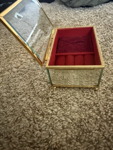 Vintage Jewelry Box Brass Glass Hinged Lid Red Velvet Interior With Legs - Picture 2 of 4