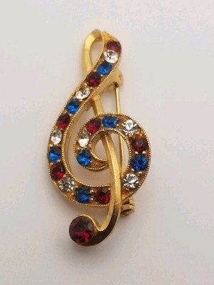 Vintage Signed Rafaelian Music Note Brooch Pin Gold Tone Bejeweled Treble Clef