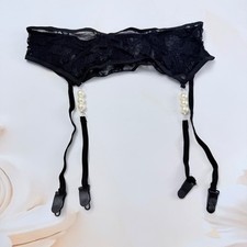 Women s Black Lace Garter Belt Pearl Detail Suspender Belt size L Lingerie
