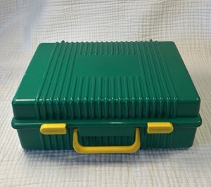 Vintage Green Plastic Toy Carrying Case Storage Box Yellow Handle Made in Canada