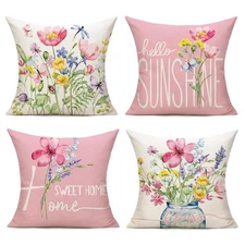 Spring Outdoor Throw Pillow Covers 26x26 Set of 4 Garden Flowers Farmhouse Pa...
