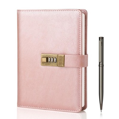 WEMATE Diary with Lock, A5 PU Leather Journal A5（5.8 x 8.6inch）, Rose Gold 