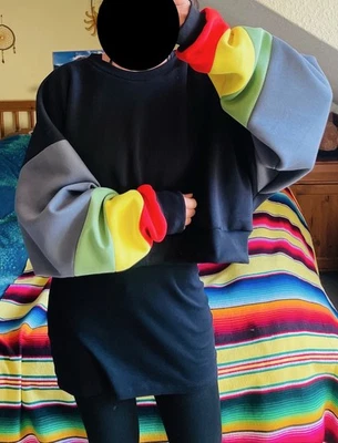 Batwing Pullover Colorblock Reggae Oversized Sweater Schwarz Grau 80er 90er Y2K - Bild 1 von 4