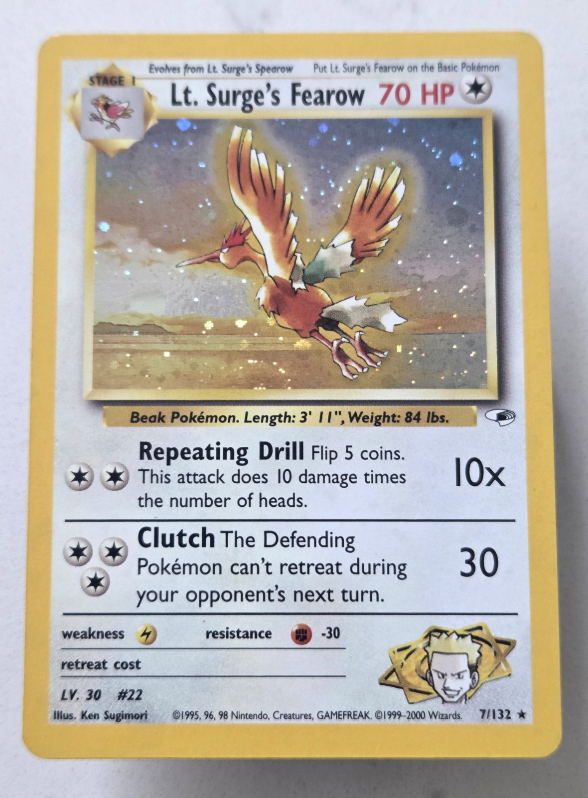 Pokemon Lt. Surge's Fearow Card 7/132 Vintage Holo Gym Heroes Swirl Tcg