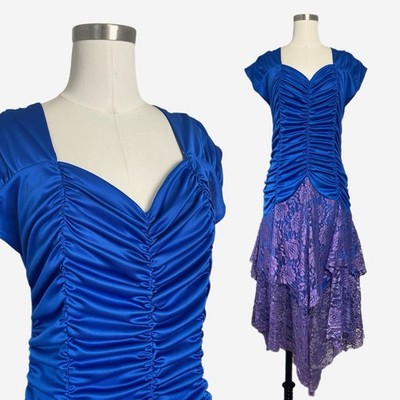 Vintage 70s/80s Isadora Cobalt blue ruched drop waist asymmetric lace dress S/M