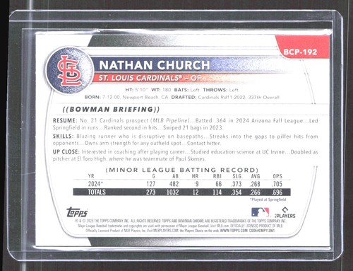 2025 Bowman Chrome #CPA-NCH Nathan Church Prospects Autogramme Speckle - Bild 2 von 2