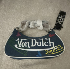 Von Dutch Small Blue Crescent Shoulder Bag Logo Zip, Detachable Adjustable Strap